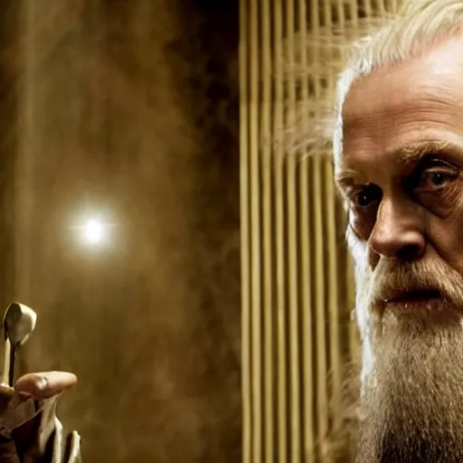 Prompt: william dafoe as dumbledore, film still, cinematic lighting