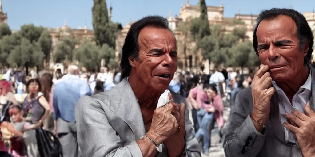 Prompt: Julio Iglesias crying in the middle of the April fair in Seville