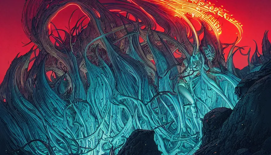 Prompt: flame of chaos from elden ring by moebius and kilian eng, atmospheric, fine details, vivid, neon, masterpiece