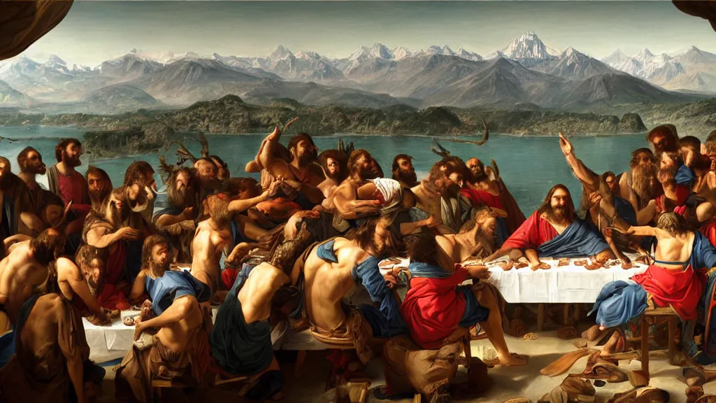 Image similar to a mix between the last supper and the raft of the medusa, with the mountains from napoleon crossing the alps in the back, sunny morning, matte painting, oil canvas, photorealistic illustration, extreme detail, hyper realistic, highly detailed, digital art