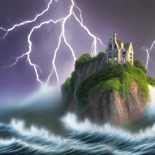 Prompt: Ultra Realistic Hyper detailed Fantasy view of a Haunted Mansion overlooking the cliffs edge where ocean waves are crashing during a lightning storm