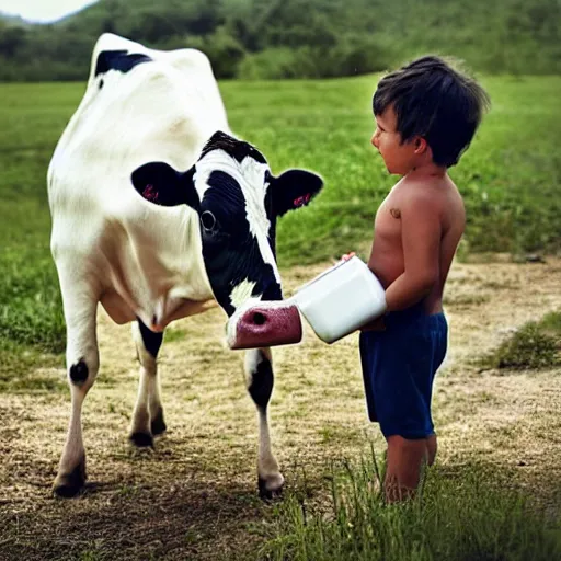 Image similar to photo of a couple of kids drinking milk directly from cow udder, realistic, award winning photo, national geographic