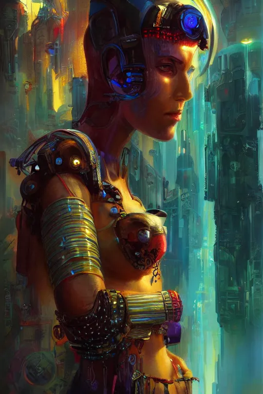 Prompt: a cyberpunk half length portrait of cleopatra, by paul lehr, jesper ejsing