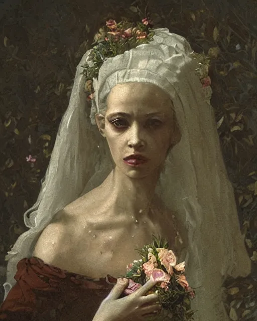 Prompt: a beautiful and eerie baroque painting of a beautiful but serious woman in layers of fear, with haunted eyes and dark hair piled on her head, 1 9 7 0 s, seventies, floral wallpaper, wilted flowers, a little blood, morning light showing injuries, delicate ex embellishments, painterly, offset printing technique