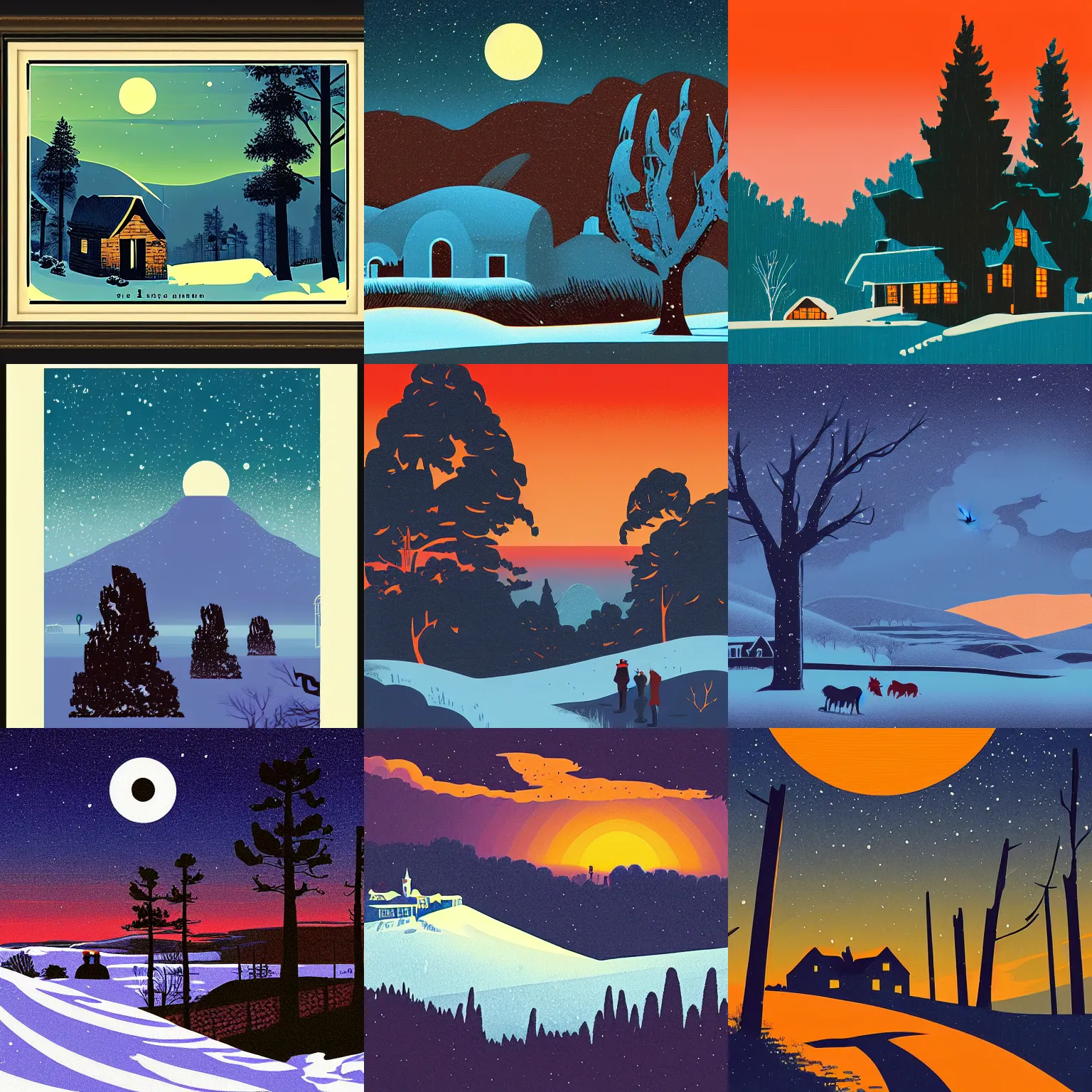 Prompt: the shire at twilight during a snowstorm, by tom whalen