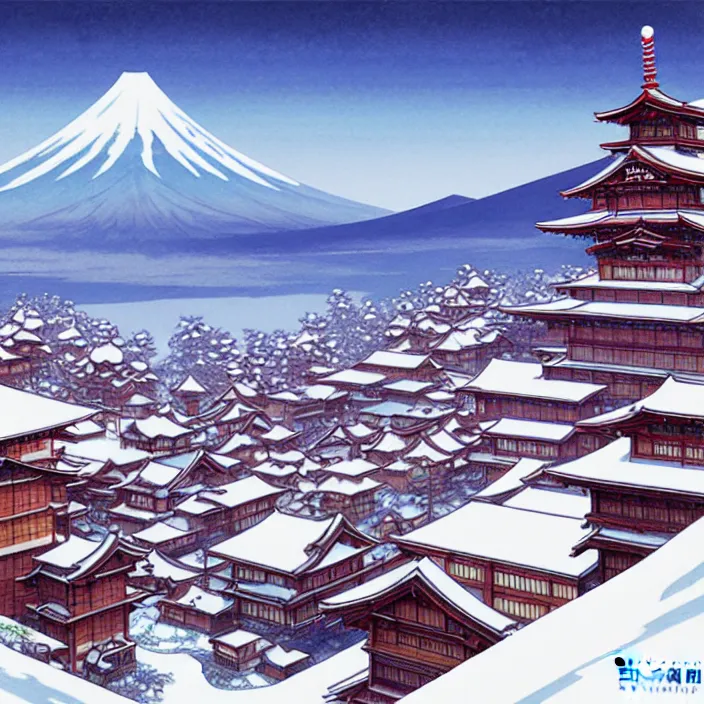 Image similar to empty japanese mountain city, winter, in the style of studio ghibli, j. c. leyendecker, greg rutkowski, artem