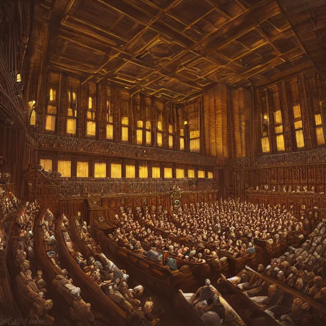 Prompt: an isometric digital painting of the chamber of the house of lords by justin gerard, paul bonner, highly detailed, volumetric lighting, digital art, isometric, artstation hd