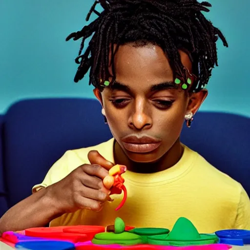 Prompt: playboi carti playing with playdoh, intensely focused