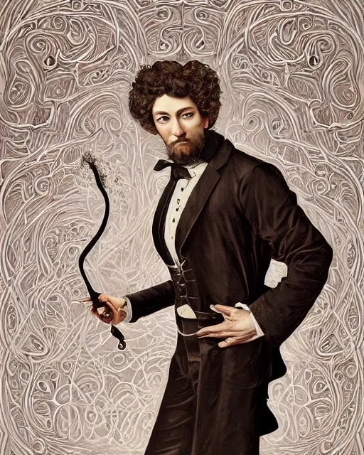 Image similar to a highly detailed portrait of Alexandr Pushkin as a devious male magician radiating a powerful energy aura, ornate back tuxedo, wispy tendrils of smoke, swirling vortex of energy, performance art, intricate, digital painting, old english, raining, sepia, particles floating, whimsical background by marc simonetti, art by artgerm and greg rutkowski and alphonse mucha