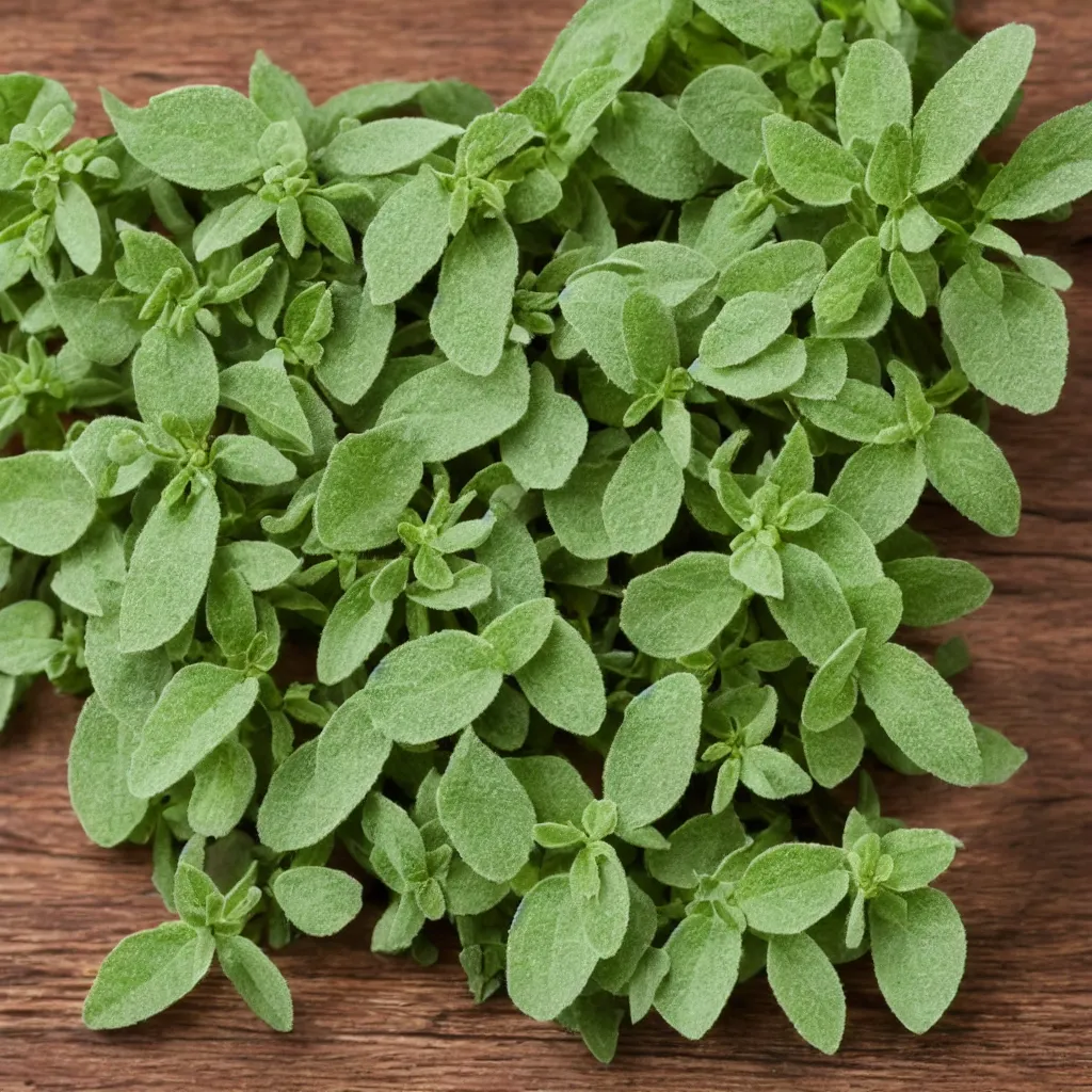 Image similar to close - up view of oregano on top of a wooden table, 8 k, high detail, photorealistic, proper shading