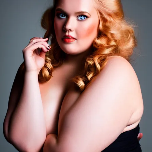 Prompt: a curvy, radiant, bubbly, 2 5 - year - old canadian plus - size model, long strawberry - blond hair, creamy skin, portrait, 8 5 mm canon f 1. 2 lens, inspired by rolf armstrong photography