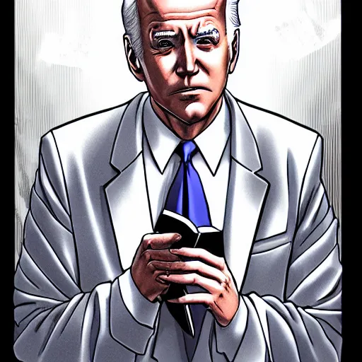 Image similar to biden in death note, anime style, holding black notebook