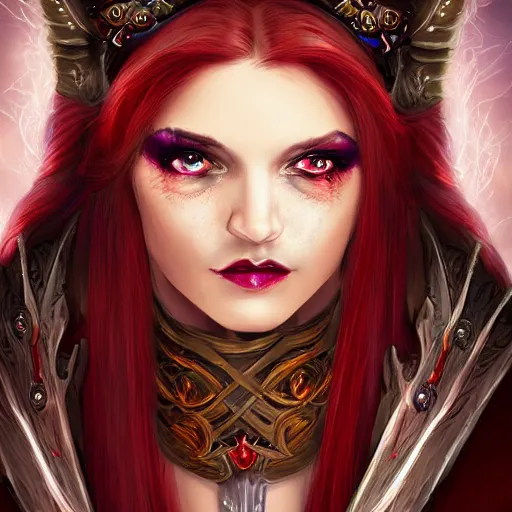 Prompt: portrait, beautiful female sorceress, royalty, ornately dressed, dungeons and Dragons, red hair, glowing eyes, realistic