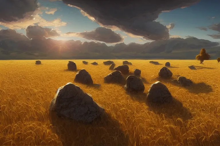 Prompt: uncanny rocks floating over a wheat field, hard light and long shadows, afternoon sunshine, detailed digital art by artgerm and WLOP, Greg Rutkowski, Felix Kelly, Detailed Digital Art, dynamic lighting, Highly Detailed, Cinematic Lighting, 8k, HD