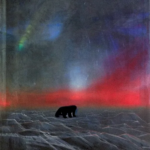 Image similar to the epic abstract painting'blue arctic void with black and red aurora borealis above a tiny polar bear family ', by caspar david friedrich!!!, by rothko!!!, stunning masterpiece, trending on artstation