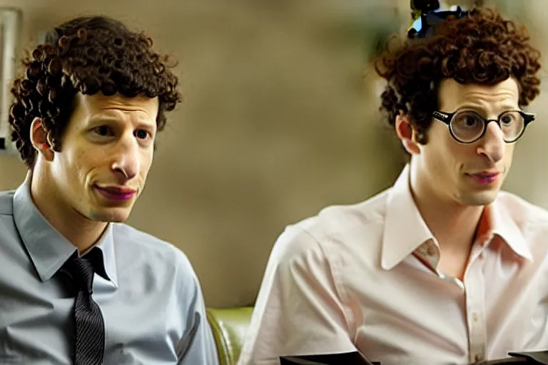 Image similar to a cinematic still from the social network movie of ((andy samberg))