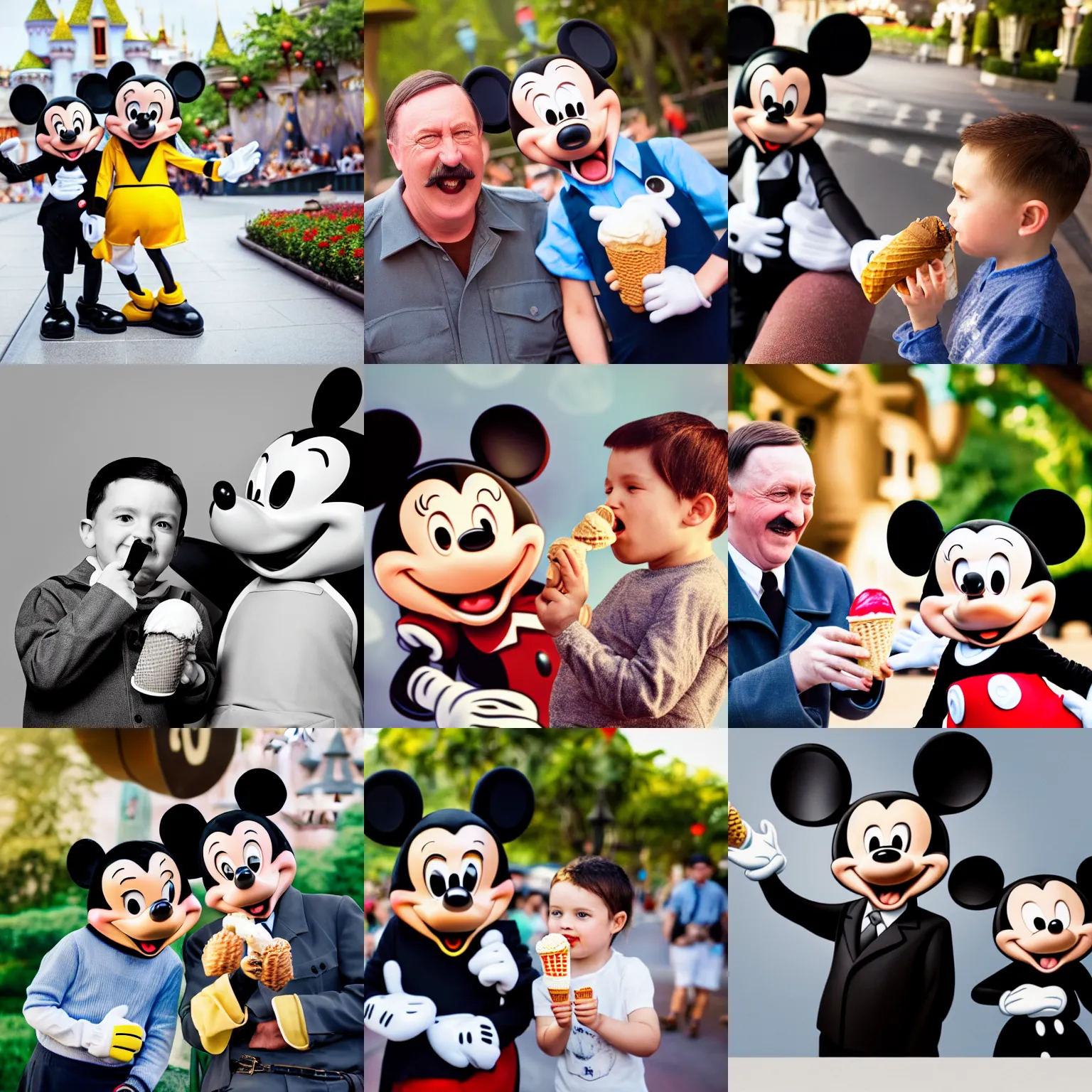 Prompt: Hitler and Mickey Mouse eating ice cream at Disneyland, award winning cinematic photography, trending on Twitter, 50 mm blurred background