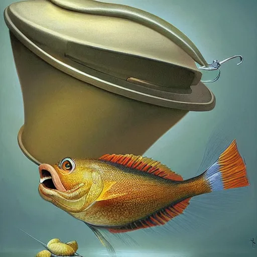 Prompt: a worried fish sitting on the top of a pile of fish, all the fish are inside a cooking pot, side view, by vladimir kush, dystopian art, rococo