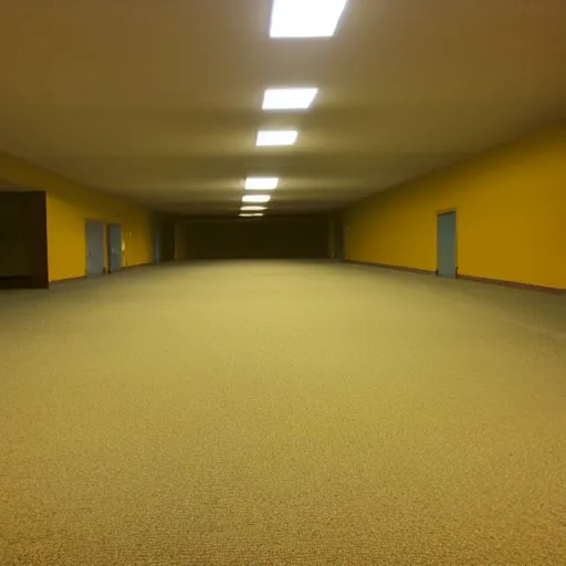 Image similar to flash low quality photograph of the backrooms, mustard - yellow old moldy moist carpet room, empty liminal space, very dark shadows, broken fluorescent lighting, horror movie scene, film grain