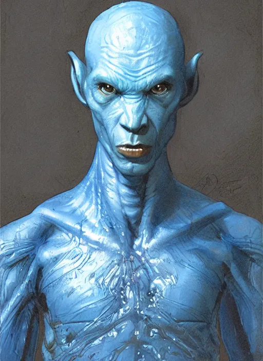 Image similar to fantasy and science fiction portrait of a blue alien wearing a semi-transparent biosuit, detailed, intricate, very realistic, in the style of James Gurney, Craig Mullins, Wlop