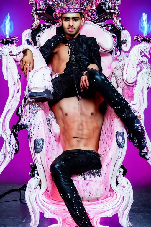 Image similar to full-body rococo and cyberpunk style neon statue of a young attractive Zayn Malik macho dotado e rico android sim roupa reclining con las piernas abertas e la piroca dura, ethereal white dripping tar, glowing orange lasers, pink tigers, glowing eyes, silver prince crown, black gears, pink diamonds, swirling mint-colored silk fabric. futuristic elements. full-length view. human skulls. large intricate artwork by caravaggio. Trending on artstation, octane render, cinematic lighting from the right, hyper realism, octane render, 8k, depth of field, 3D