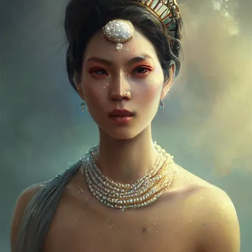 Image similar to a beautiful portrait of a pearl goddess with glittering skin by greg rutkowski and raymond swanland, trending on artstation, ultra realistic digital art
