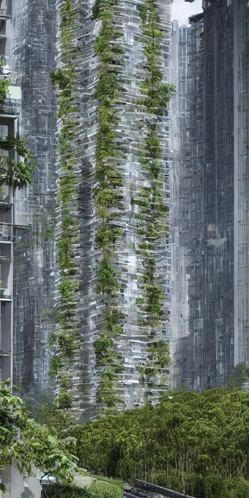 Prompt: elevational photo by Andreas Gursky of tall and slender futuristic mixed-use towers emerging out of the ground. The towers have large atrium. The towers are covered with trees and ferns growing from floors and balconies. The towers are clustered very close together and stand straight and tall. The housing towers have 100 floors with deep balconies and hanging plants. Thin bridges span between towers. Cinematic composition, volumetric lighting, architectural photography, 8k, megascans, vray.