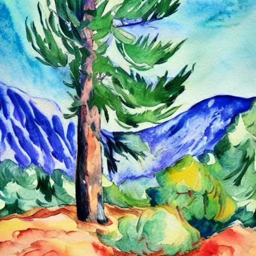 Image similar to fauvism artstation watercolor landscape, mountain with pine trees.