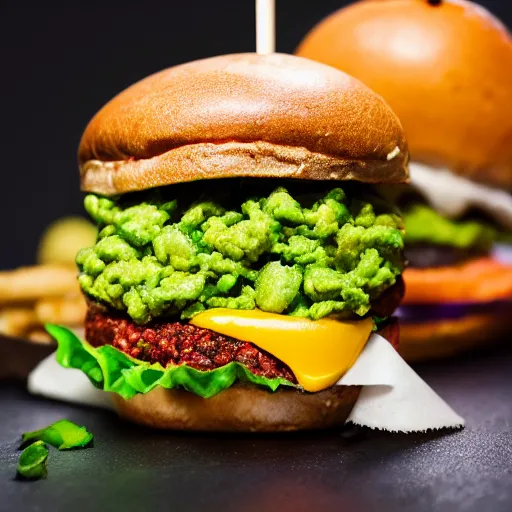 Image similar to juicy vegan hamburger topped with guacamole and fried onion and a vegan fried egg, crispy buns, 8 k resolution, professional food photography, studio lighting, sharp focus, hyper - detailed