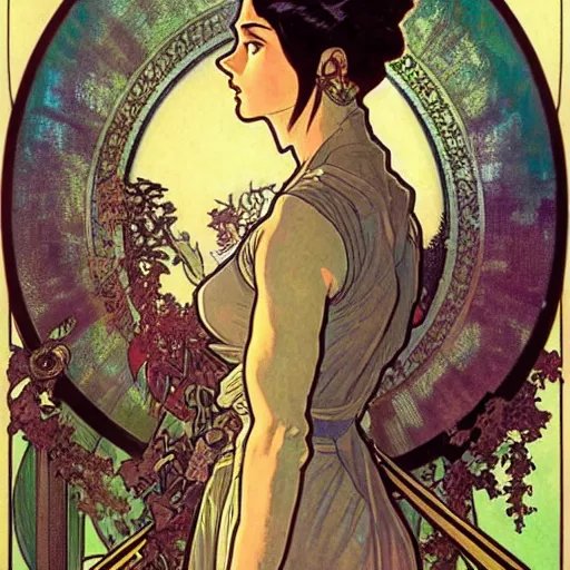 Image similar to alita battle angel, painted by alphonse mucha