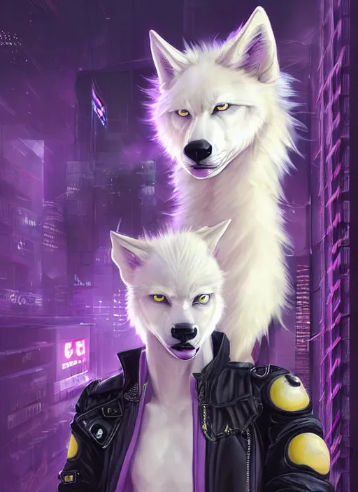 Image similar to award winning beautiful portrait commission of a male furry anthro albino wolf fursona with a tail and a cute beautiful attractive detailed furry face wearing stylish black, purple and yellow cyberpunk biker clothes standing on top of a high rise in a cyberpunk city at night while it rains. Character design by charlie bowater, ross tran, artgerm, and makoto shinkai, detailed, inked, western comic book art