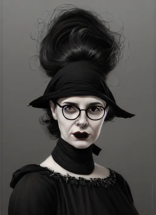 Prompt: portrait of a woman with glasses and a crooked nose and a confident expression, 1 9 6 0 s, black clothes, goth, punk, funk, intricate, elegant, highly detailed, digital painting, artstation, concept art, smooth, sharp focus, illustration, art by wlop, mars ravelo and greg rutkowski