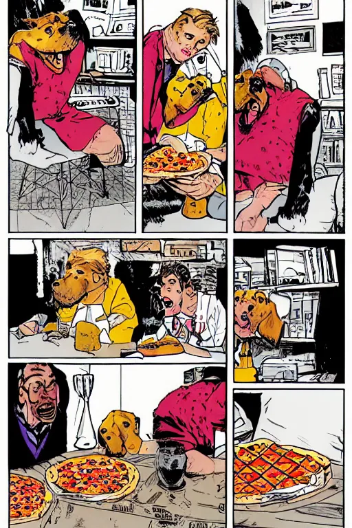 Image similar to happy dogs eating pizza, graphic novel, high contrast, by bill sienkiewicz