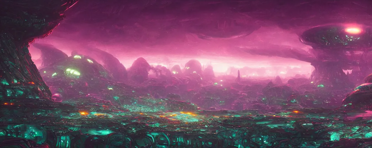 Prompt: ” alien landscape with slimy shiny surfaces, [ cinematic, detailed, epic, widescreen, opening, establishing, mattepainting, photorealistic, 4 k, octane render, art by paul lehr ] ”