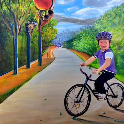 Image similar to a painting of a boy riding a bicycle in falaiscoglieklippantilado