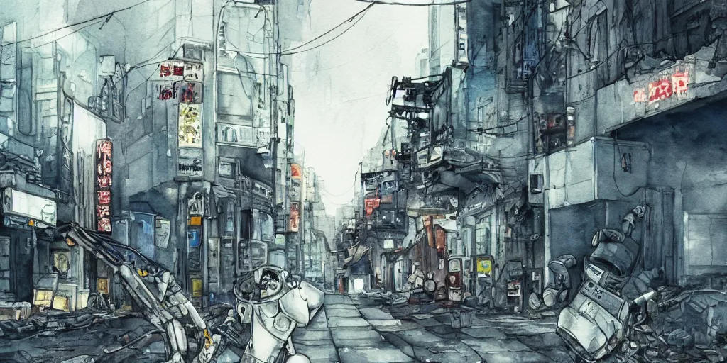 Prompt: watercolour painting of a broken robot repairing its own arm in a post apocalyptic city street, anime, pencil lines, light watercolour, pale sky, dirty streets, beautiful artwork, anime screenshot, akihabara, remaster