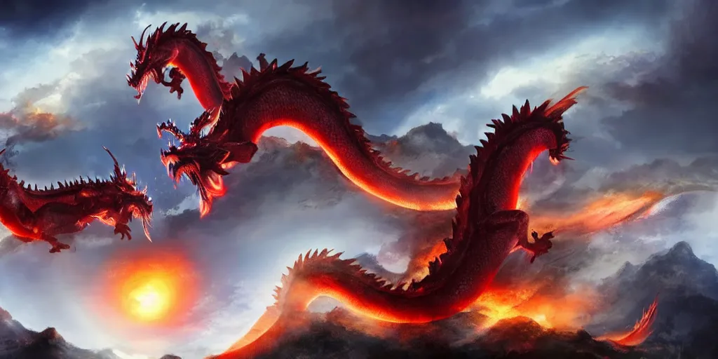 Image similar to two giant chinese dragons flying across the mountains fighting to the death, trending on artstation, digital art, fog, sun flare, fire, blood, rain, cut, bleeding, firebreathing, death