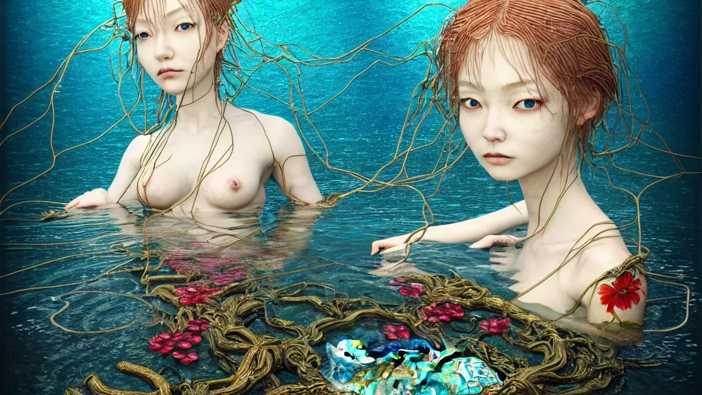 Image similar to prompt: Fragile looking vessel portrait face drawn by Katsuhiro Otomo, beautiful girl in lake with shining face octane 3d render super detailed, nymph in the water performing alchemy, small flowers and cables and wire around and on the side with artifacts and ancient book, intricate oil painting, high detail, Neo-expressionism, gnarly details