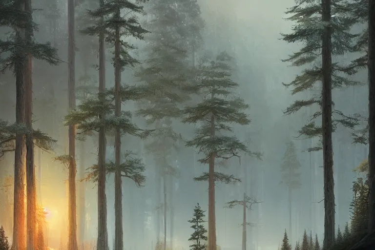 Prompt: beautiful swedish forest view, cinematic composition, highly detailed, intricate, soft lighting, very wide shot, trending on artstation, 50mm, digital painting by Noah Bradley, by Simon Stålenhag