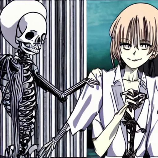 Image similar to a female necromancer and her skeleton friend, from a slice of life anime ; anime key visual by junji ito. tv anime series, kyoto animation.