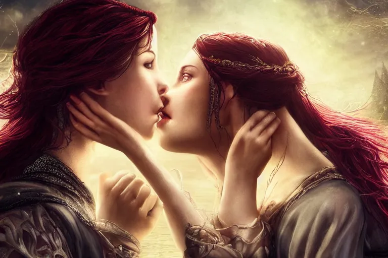 Prompt: yennefer of vengerberg kissing triss merigold. photo - realistic hd, hyperrealism, colourful, highly detailed, cinematic, luminescence, 3 2 k, dop, high contrast, intricate, mystery, epic, fantasy