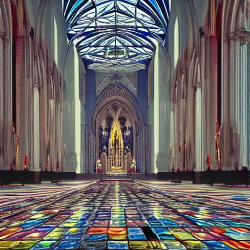 Image similar to a cathedral for the god of symmetry, floor mirroring, inside view, giant hall, floor is a mirror, highly detailed, colorful photorealistic Octane render, dramatic