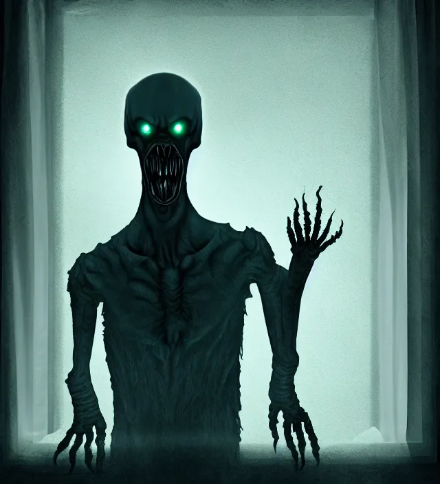 Prompt: a nightmare ghost monster alien standing in front of a window, volumetric lighting, in the style of stephen king, inspired by lovecraft, inspired by jeffrey smith