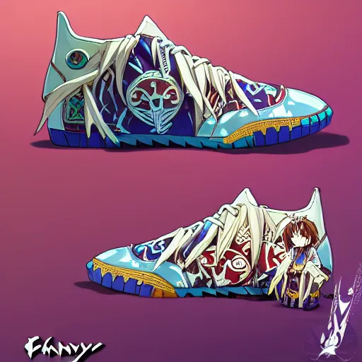 Image similar to fantasy anime jrpg sneaker design designed by studio ghibli, aztec mayan street fashion native punk sneaker design, hip hop sneaker design with subtle mayan patterns, gapmoe yandere grimdark, trending on pixiv fanbox, painted by greg rutkowski makoto shinkai takashi takeuchi studio ghibli, akihiko yoshida