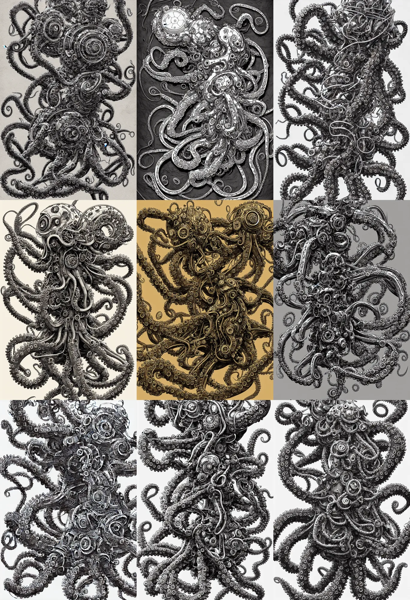 Prompt: mechanical robotic octopus, intricate illustration, antique style, highly detailed, 8 k, artstation