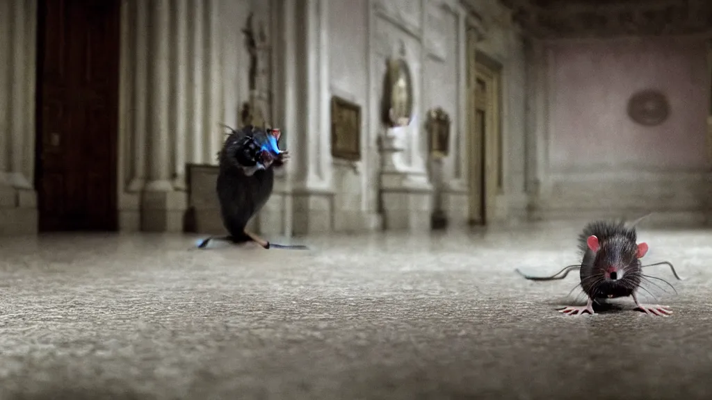 Image similar to the strange rat in city hall, made of wax and water, film still from the movie directed by Denis Villeneuve with art direction by Salvador Dalí, wide lens