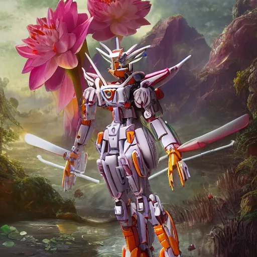 Image similar to futuristic nymphaea themed mecha waterlily upper body, large sepal forming helmet, highly detailed, nymphaea, 8 k hd resolution, barbatos gundam with floral inlay, bandai box art, tristan eaton, makoto kobayashi, frank gehry, raymond swanland