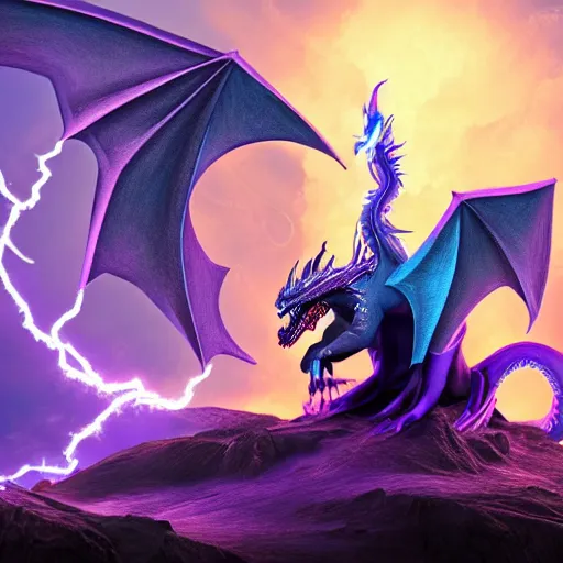 Image similar to mysterious figure with a purple coat and blue crown riding a dragon made of lightning, digital art, 4 k ultra hd, hyper realistic