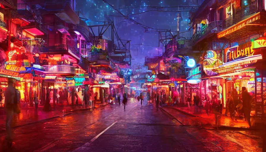 Image similar to futuristic bourbon street with color lights at night, fanfare, hyperdetailed, artstation, cgsociety, 8 k