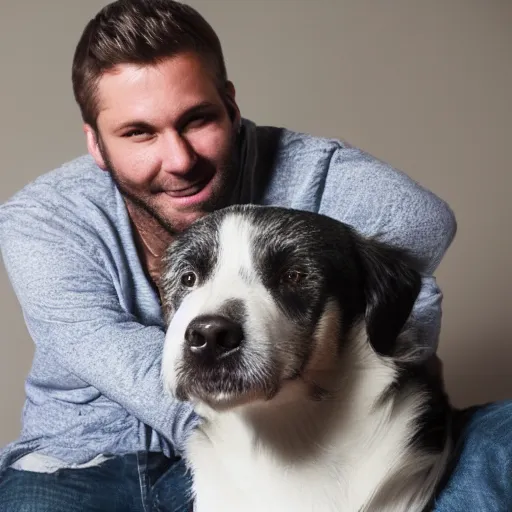 Prompt: the most chad man in the world with his dog, portrait photography